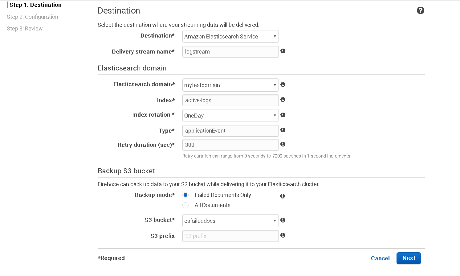 Creating Kinesis Firehose step 1