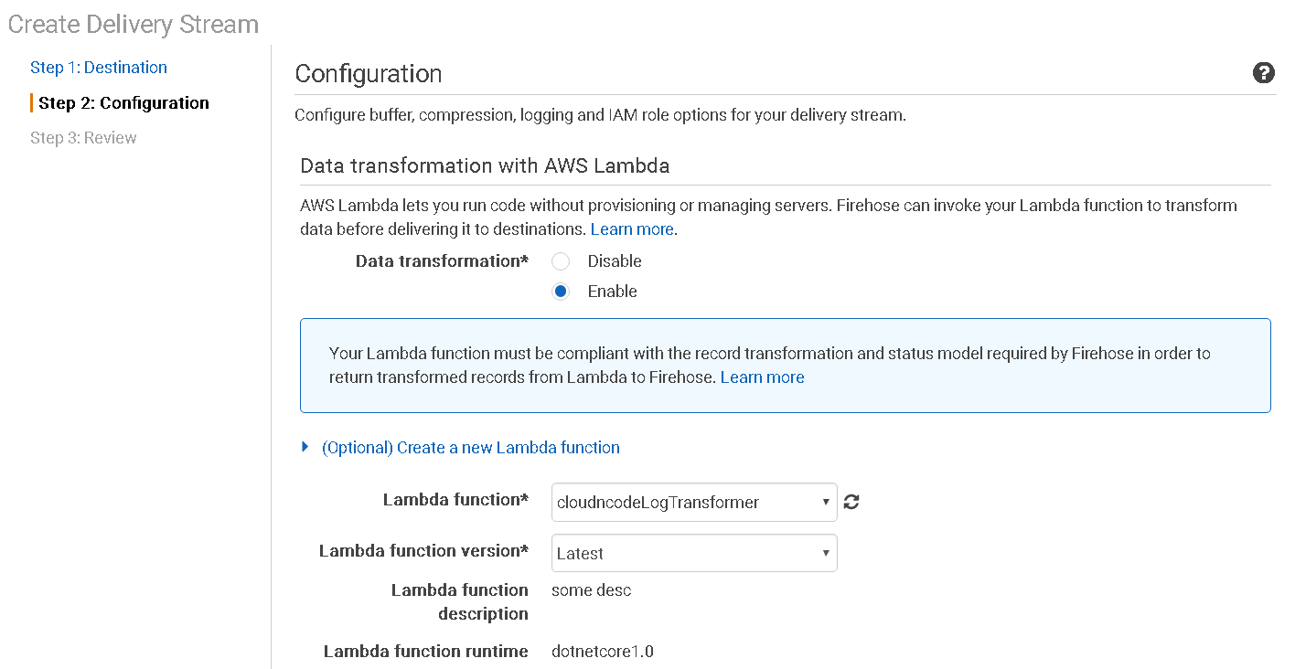 Creating Kinesis Firehose step 2