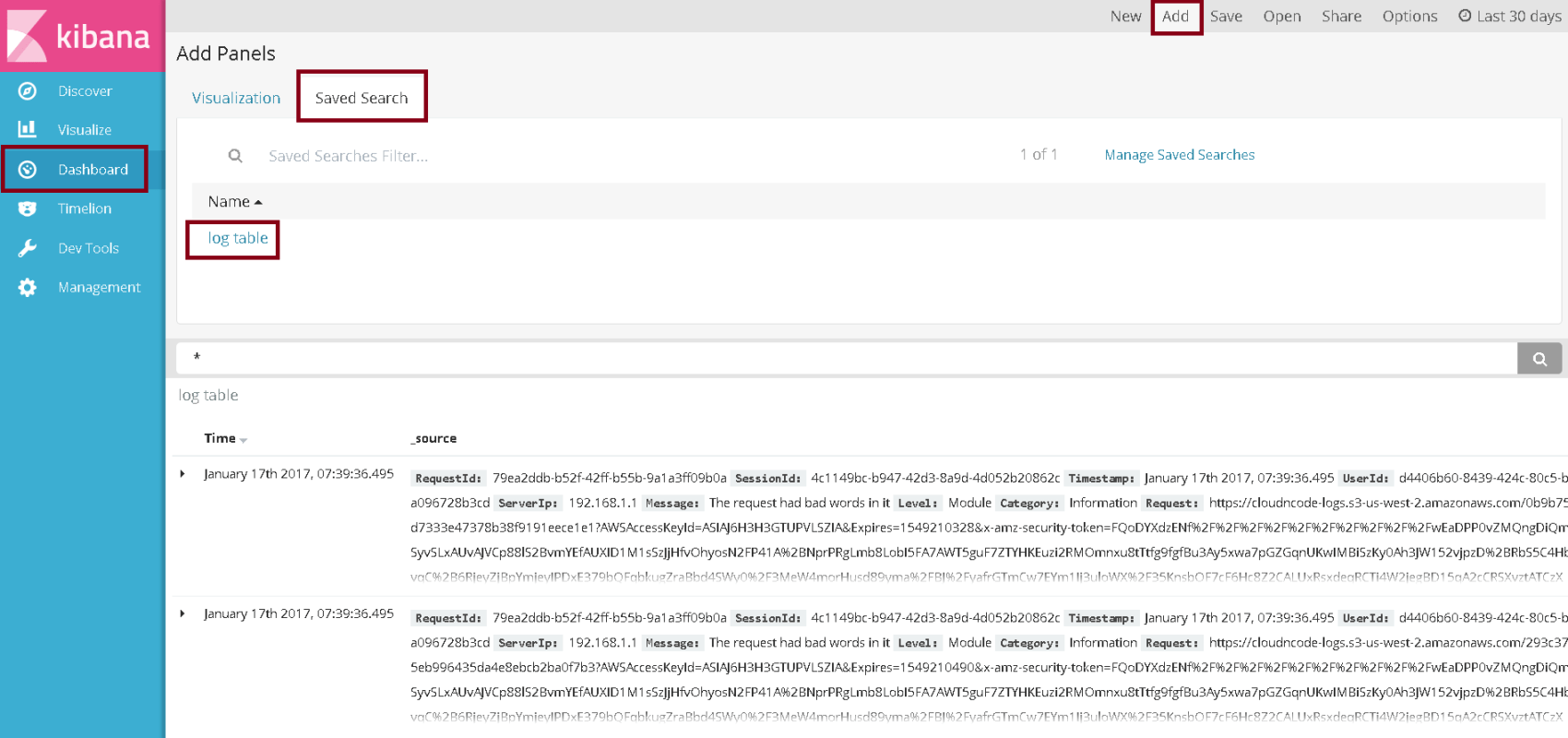 Kibana dashboard step 1